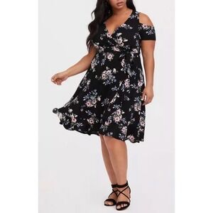 Torrid Black Floral Cold Shoulder romantic Dress L 12 0 boho whimsi fairy Y2K